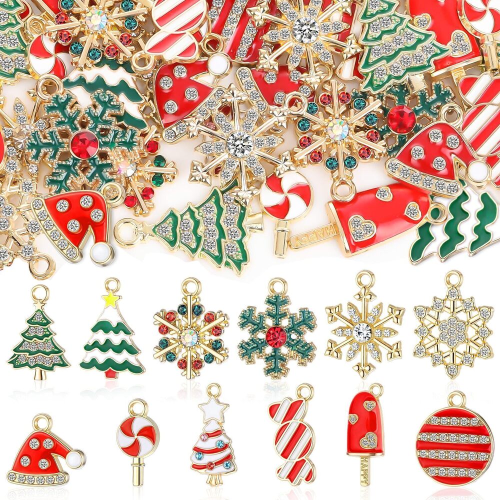 3004 48 Christmas Charms for Jewelry Making Assorted Gold Enamel Snowflake